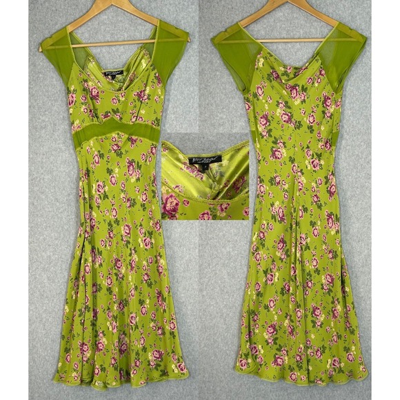 Betsey Johnson Lime Green Floral Midi Dress Sheer Underbust Dainty Y2K Size P XS